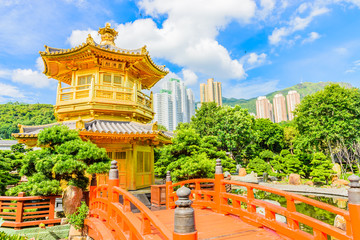 Gold Chinese pavilion at the park of Hong Kong