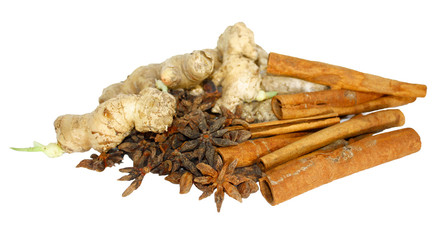 Ginger, cinnamon and star anise isolated on white