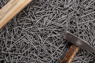 Poster - old hammer nails and wooden board