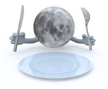 Moon Planet With Hands And Utensils In Front Of An Empty Plate