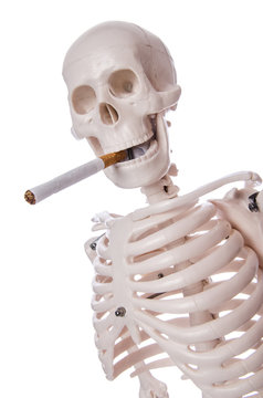 Skeleton smoking cigarette isolated on white