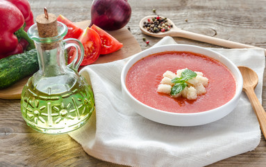 Wall Mural - Portion of gazpacho with ingredients