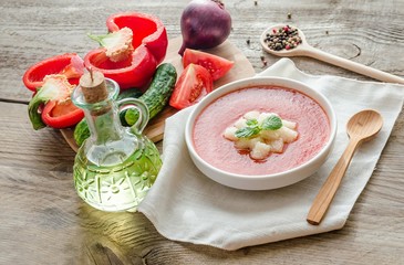 Wall Mural - Portion of gazpacho with ingredients