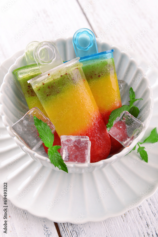 Delicious ice cream on plate on table close-up