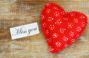 Wall Mural - miss you card with red heart on rustic wooden surface