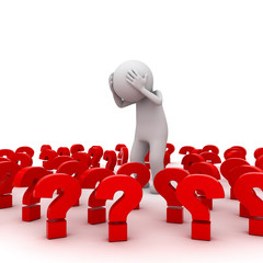 Poster - Stressed 3d man standing with question marks problems