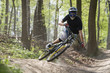 Mountainbiker riding on a forest path