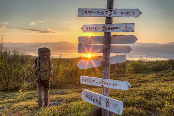 Wall Mural - hiker at midnight sun in sweden