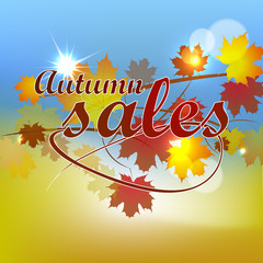 Wall Mural - Autumn sales, vector background with leaves