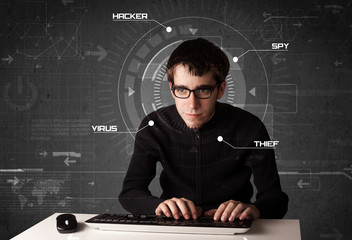 Poster - Young hacker in futuristic enviroment hacking personal informati