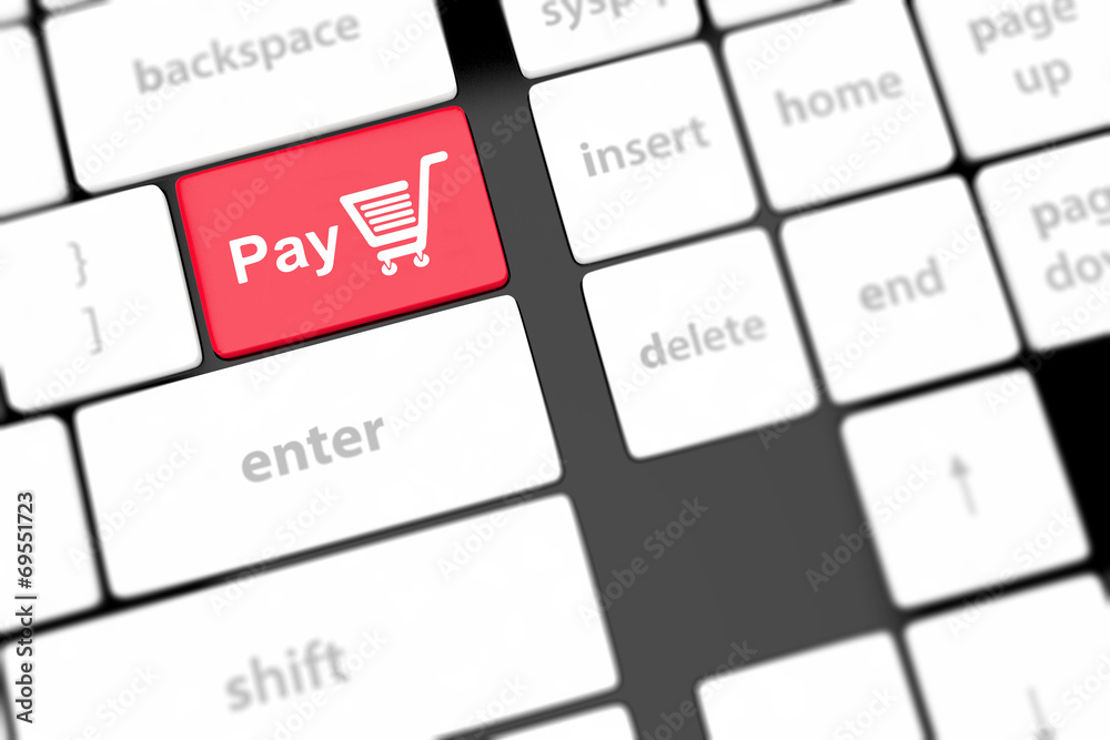 Pay key with shopping cart icon on a white keyboard Stock Illustration ...