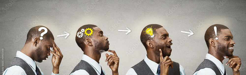 Emotional intelligence.Side Headshot thinking man found solution - obrazy, fototapety, plakaty 