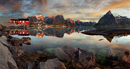 Poster - Norway village Reine with mountain, panorama