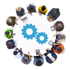 Fototapete - Group of People Using Digital Devices with Gears