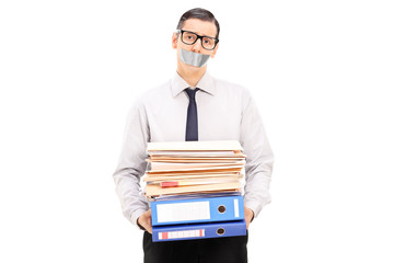 Wall Mural - Man with duct taped mouth holding documents