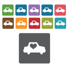 Love car icons set. Rectangle colourful 12 buttons. Vector illus