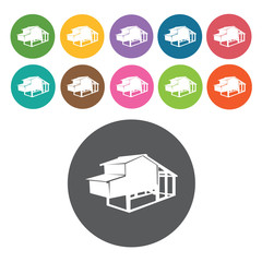 Chicken coop icons set. Round colourful 12 buttons. Vector illus