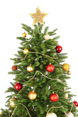 Wall Mural - Decorated Christmas tree close-up isolated on white