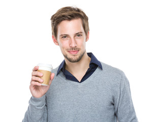 Caucasian man hold with coffee cup