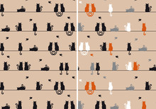 Cats With Birds, Seamless Pattern, Vector Set