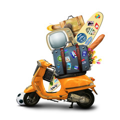 Wall Mural - white retro scooter with baggage, on a white background