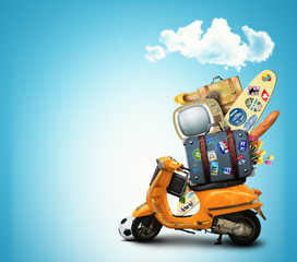 Wall Mural - yellow retro scooter on a blue background
