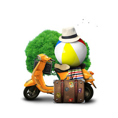 Wall Mural - holidays, orange scooter with a ball and a suitcase