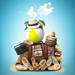 Wall Mural - travel, retro suitcase with travel hats and old shoes