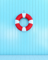 red lifebuoy on a blue wooden plank wall, summer concept