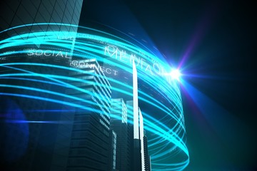 Poster - Blue light beams over skyscrapers