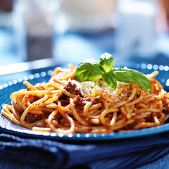 Sticker - delicious spaghetti in bolognese sauce with basil garnish