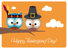 Thanksgiving Day, Owls Wearing Pilgrim Hat And Indian Costume