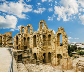 Roman amphitheatre in the city of El JEM in Tunisia at sunset