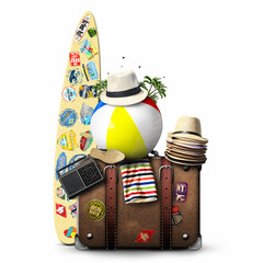 Wall Mural - travel, retro suitcase with travel hats, surfboard and old shoes