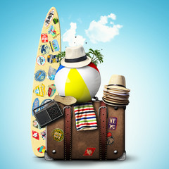 Wall Mural - travel, retro suitcase with travel hats, surfboard