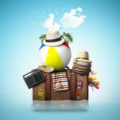 Wall Mural - travel, retro suitcase with travel hats on the sea