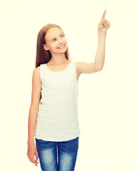 Poster - girl in blank white shirt pointing to something