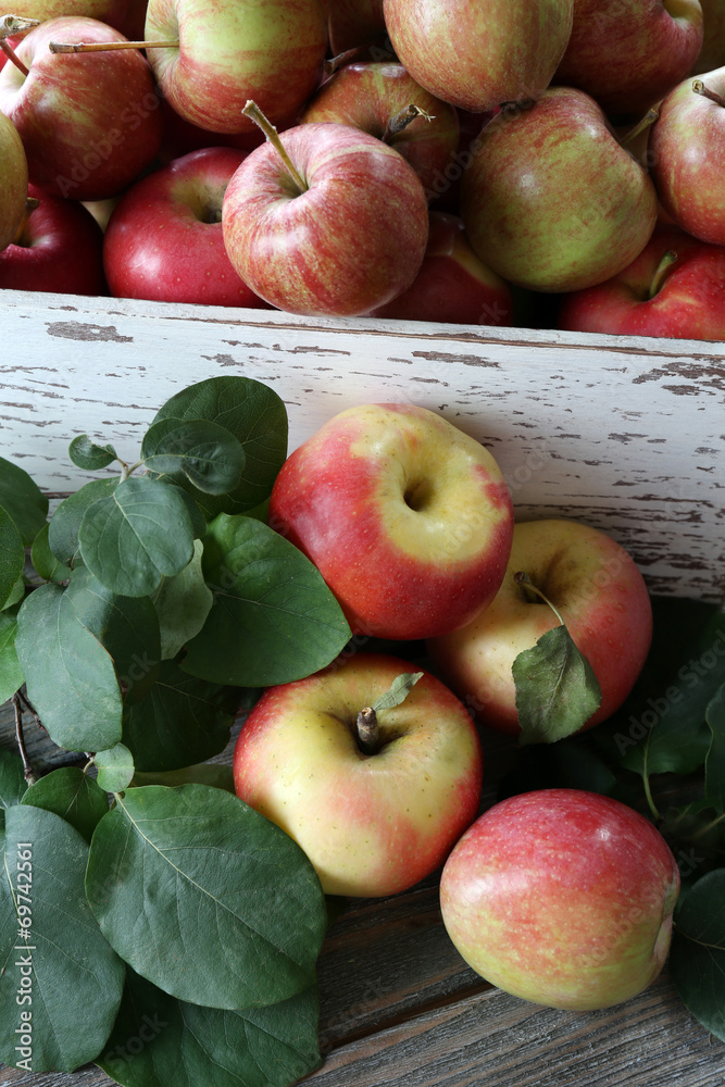 Juicy apples in box, close-up
