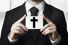 Undertaker Man Holding Sign Black Cross Funeral