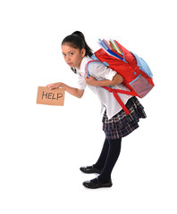 sweet little girl carrying heavy backpack or school bag full