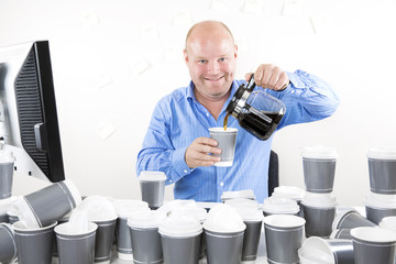 Wall Mural - Happy office worker drinks too much coffee