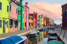 Colorful Houses In Burano Village On Sunset