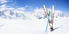 Skiing , Mountains And Ski Equipments On Ski Run