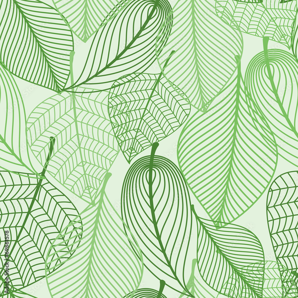 Green leaves seamless pattern background - obrazy, fototapety, plakaty 