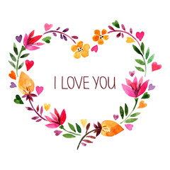 Wall Mural - Love card with watercolor floral bouquet. Valentines Day vect