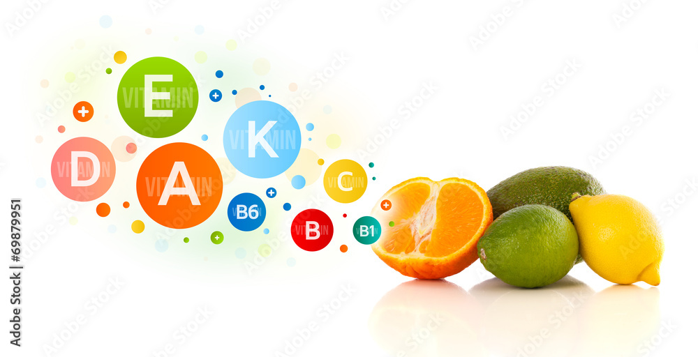 Healthy fruits with colorful vitamin symbols and icons - obrazy, fototapety, plakaty 