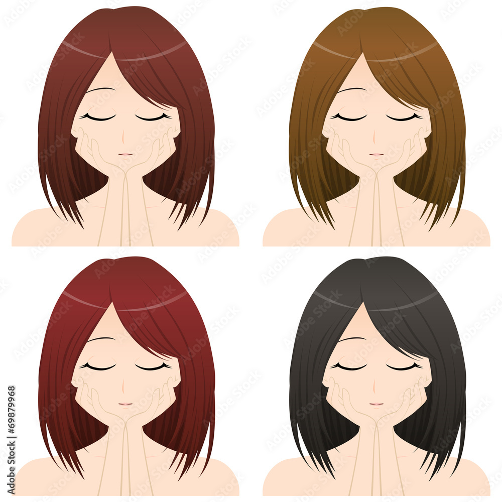 両手を頬にあてる女性 上半身 正面イラスト 髪の色違い4カット Popularne Plakaty Ecowall24 Pl