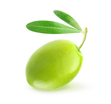 Isolated Olive. One Green Olive With Leaves Over White Background, With Clipping Path