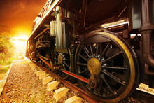 Iron Wheels Of Stream Engine Locomotive Train On Railways Track