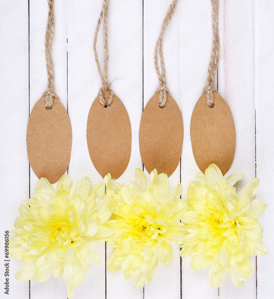 beautiful chrysanthemum flowers and empty tags
